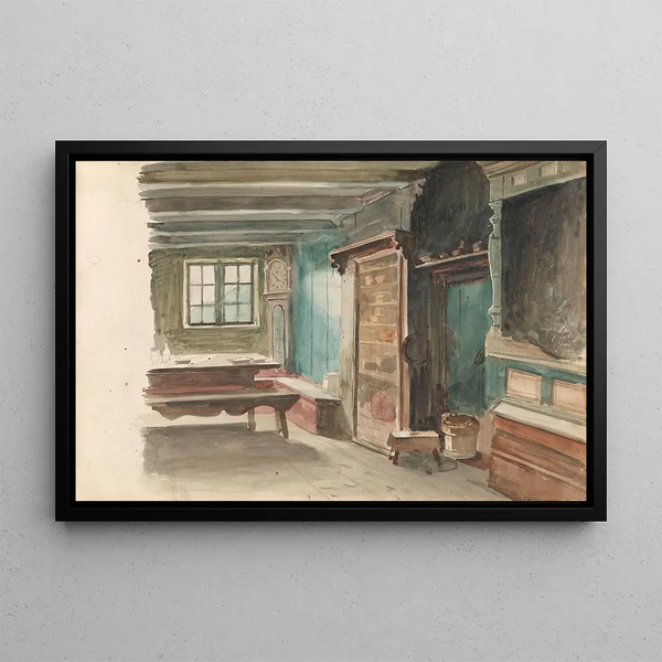 House of Peasants in Sandk i Vinje - Adolph Tidemand — framed artwork on a wall