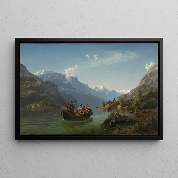 Wedding Procession Painting on the Hardangerfjord - Adolph Tidemand — framed artwork on a wall