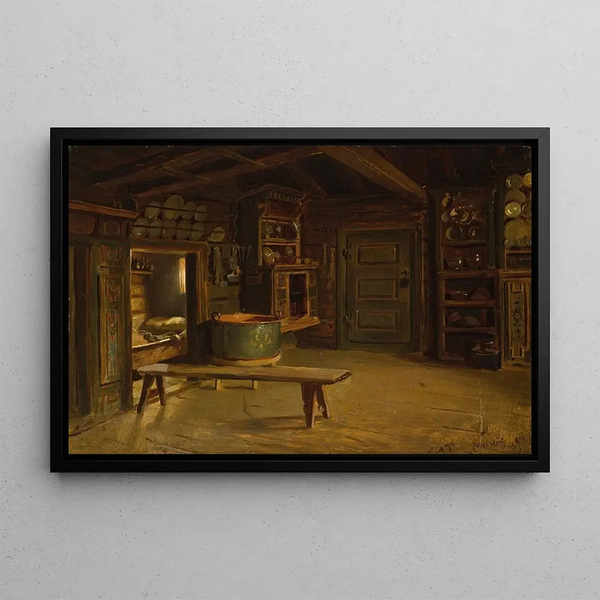 Interior farm painting of Gulsvik in Hallingdal - Adolph Tidemand — framed artwork on a wall