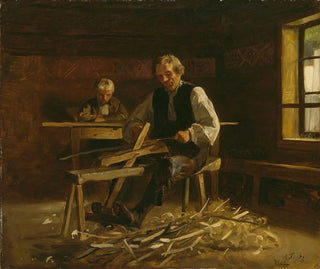 Interior painting of Viky with a farmer making barrel hoops - Adolph Tidemand — artwork view