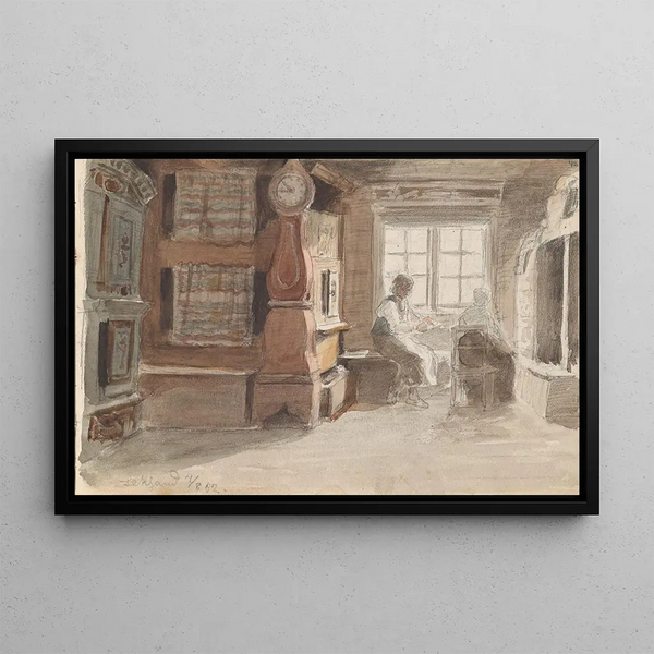 Interior with figures at Leksand - Adolph Tidemand — framed artwork on a wall