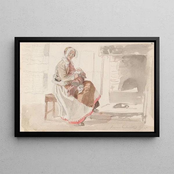 Woman with Child Inside - Adolph Tidemand — framed artwork on a wall