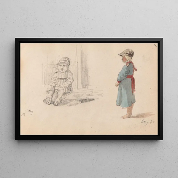 Child sitting Utby child standing Utby - Adolph Tidemand — framed artwork on a wall