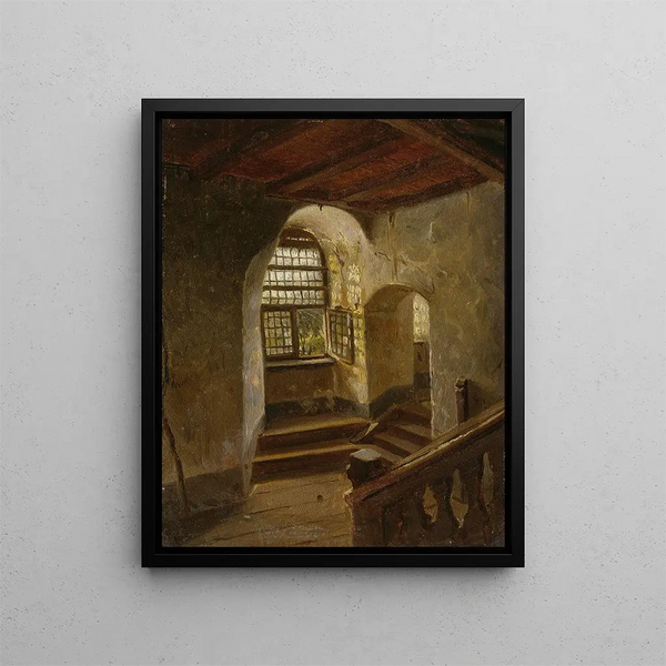 Staircase in a Castle by the Rhine - Adolph Tidemand — framed artwork on a wall