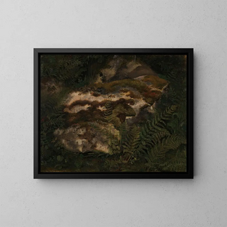 Study of a moss-covered stone and ferns - Adolph Tidemand — framed artwork on a wall
