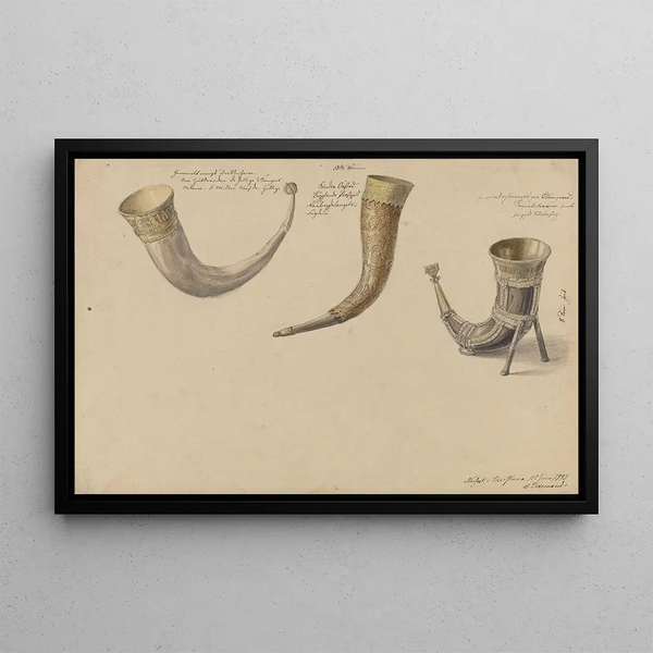 Three Norwegian Drinking Horns - Adolph Tidemand — framed artwork on a wall