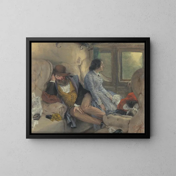 in a railway carriage after a night journey - Adolph von Menzel — framed artwork on a wall