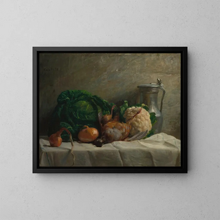 Still life with vegetables, a partridge, and a jug - Adolphe Félix Cals — framed artwork on a wall