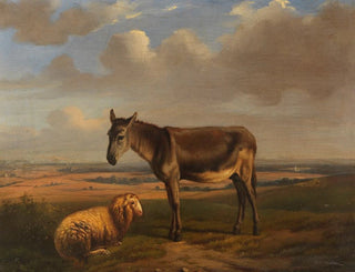 Sheep and donkey in front of a vast landscape - Adolphe Malherbe — artwork view