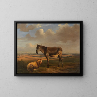 Sheep and donkey in front of a vast landscape - Adolphe Malherbe — framed artwork on a wall