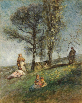 a young family under the trees on a hill - Adolphe Monticelli — artwork view