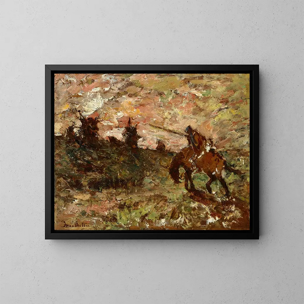 Don Quixote confronting the windmills - Adolphe Monticelli — framed artwork on a wall