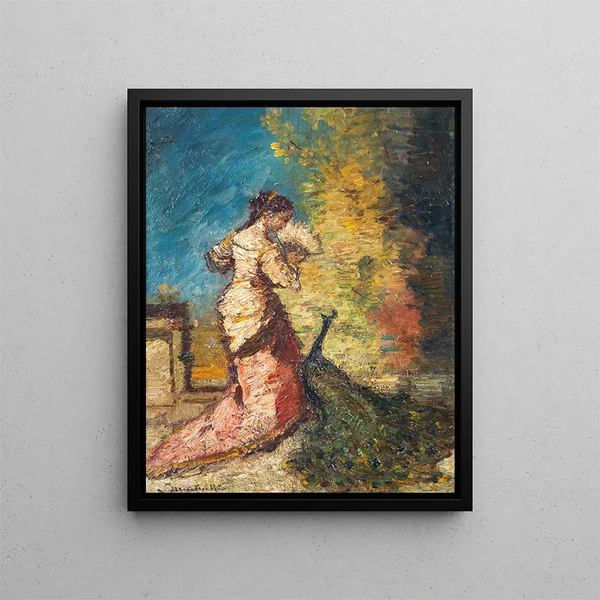 Woman with Peacock - Adolphe Monticelli — framed artwork on a wall