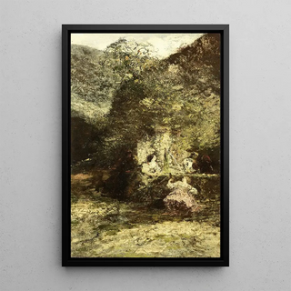 Figures near a fountain - Adolphe Monticelli — framed artwork on a wall