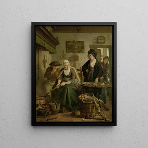 a woman making pancakes - Adriaan de Lelie — framed artwork on a wall