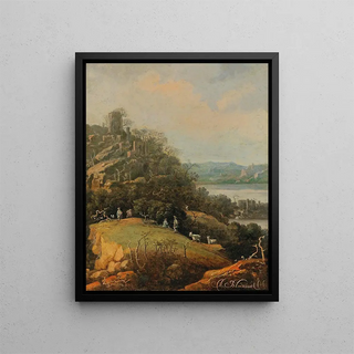 A river landscape with a ruin and figures - Adriaen Bloemaert — framed artwork on a wall