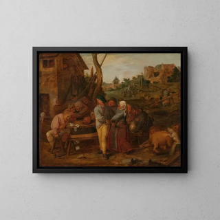 Card game scene in front of a country tavern - Adriaen Brouwer — framed artwork on a wall