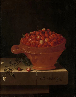 a bowl of strawberries on a stone plinth - Adriaen Coorte — artwork view