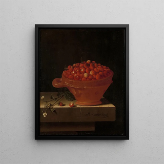 a bowl of strawberries on a stone plinth - Adriaen Coorte — framed artwork on a wall