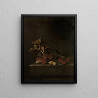 Un brin de groseilles à maquereau sur un socle en pierre - Adriaen Coorte — framed artwork on a wall