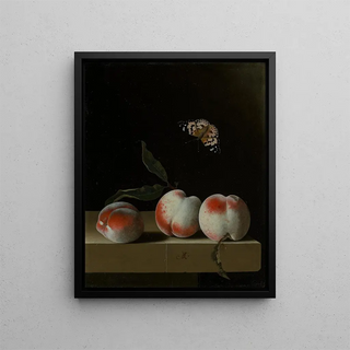 Three peaches on a stone ledge with a butterfly lady painted - Adriaen Coorte — framed artwork on a wall
