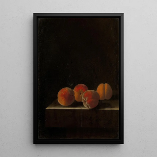 Quatre abricots sur un socle en pierre - Adriaen Coorte — framed artwork on a wall