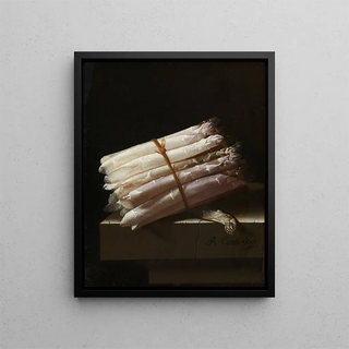 Still life with asparagus - Adriaen Coorte — framed artwork on a wall
