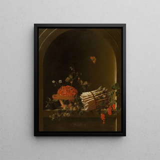 Still life with fruits and asparagus - Adriaen Coorte — framed artwork on a wall