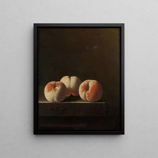 Three Peaches on a Stone Pedestal - Adriaen Coorte — framed artwork on a wall