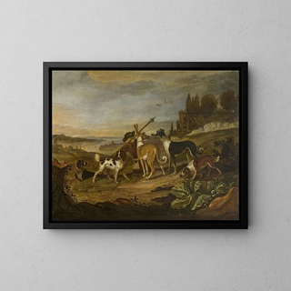 Hunting Dogs in the Landscape - Adriaen Cornelisz Beeldemaker — framed artwork on a wall