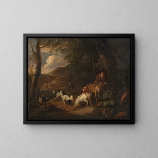 Hunter with dogs at the edge of a woods - Adriaen Cornelisz Beeldemaker — framed artwork on a wall