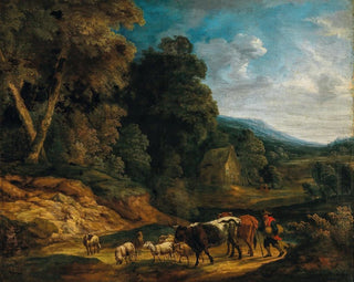 a southern landscape with shepherds and their flock - Adriaen Frans Boudewijns — artwork view