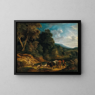 a southern landscape with shepherds and their flock - Adriaen Frans Boudewijns — framed artwork on a wall