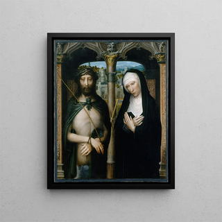 The Christ Crowned with Thorns Ecce Homo and the Mourning Virgin - Adriaen Isenbrandt — framed artwork on a wall