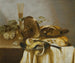 Nature morte with a tart, a half-peeled lemon, bread, hazelnuts, grapes, a glass, and an overturned tazza on a table - Adriaen Jansz Kraen — artwork view