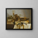 Nature morte with a tart, a half-peeled lemon, bread, hazelnuts, grapes, a glass, and an overturned tazza on a table - Adriaen Jansz Kraen — framed artwork on a wall