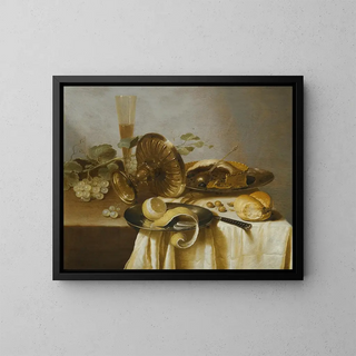 Nature morte with a tart, a half-peeled lemon, bread, hazelnuts, grapes, a glass, and an overturned tazza on a table - Adriaen Jansz Kraen — framed artwork on a wall