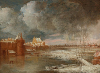 Winter landscape painting near Rotterdam with the Hofpoort and the old Delftsche Poort - Adriaen Jansz van Nuys — artwork view