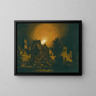 The Peasants Extinguishing a Village Fire at Night - Adriaen Lievensz van der Poel — framed artwork on a wall