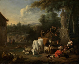Shepherds resting with their flock and travelers near a well - Adriaen Oudendijk — artwork view