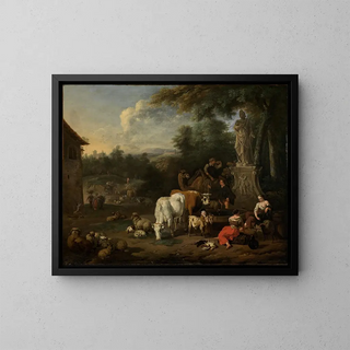 Shepherds resting with their flock and travelers near a well - Adriaen Oudendijk — framed artwork on a wall