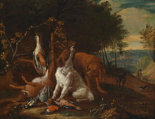 Landscape painting with hunting still life - Adriaen de Gryef — artwork view