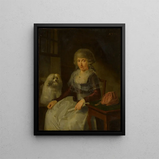 An elderly woman with her dog - Adriaen de Lelie — framed artwork on a wall