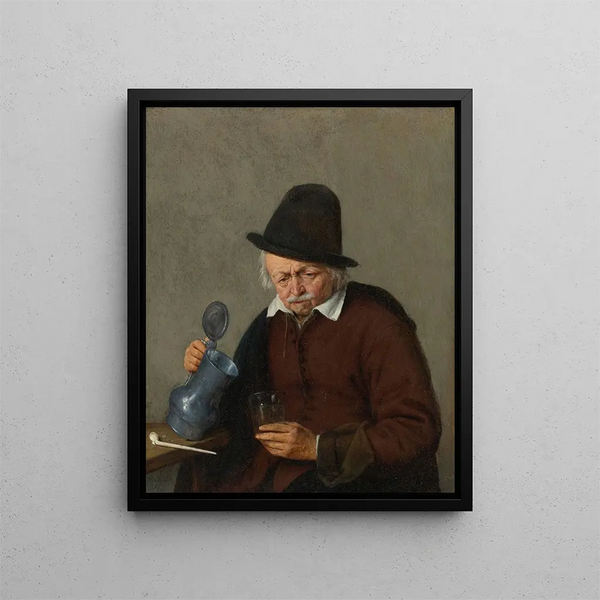 a man holding a mug and a glass - Adriaen van Ostade — framed artwork on a wall