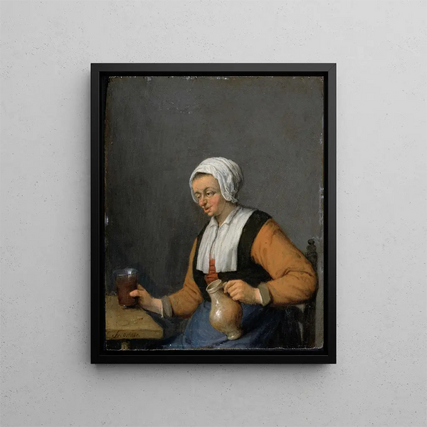 A woman with a beer mug - Adriaen van Ostade — framed artwork on a wall