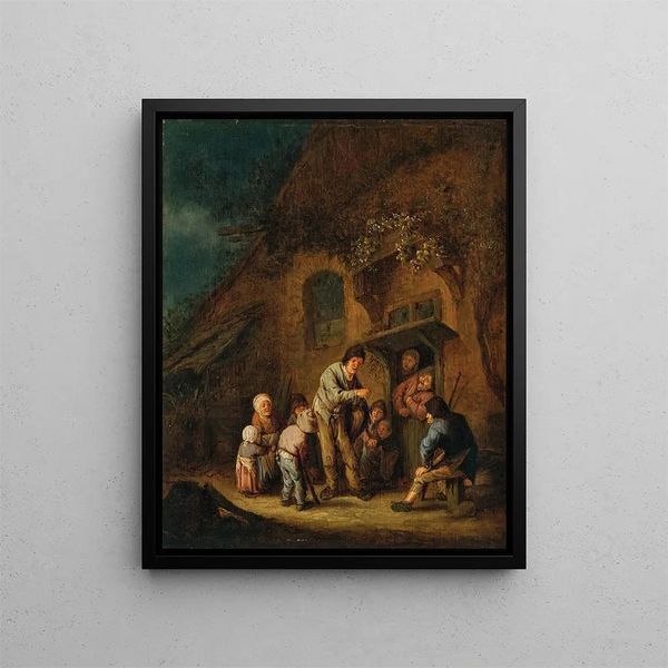 a farmyard with children and peasants listening to a hurdy-gurdy player - Adriaen van Ostade — framed artwork on a wall