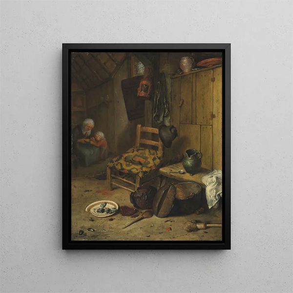 a kitchen interior with a mother and her child - Adriaen van Ostade — framed artwork on a wall