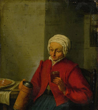 Adriaen van Ostade - A woman holding a jug and a cup.webp