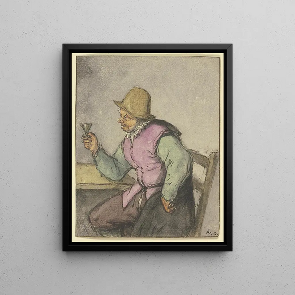 a farmer sitting at a table with a glass on the left - Adriaen van Ostade — framed artwork on a wall