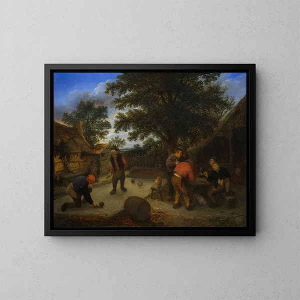 Players with a Ball in the Inn Garden - Adriaen van Ostade — framed artwork on a wall